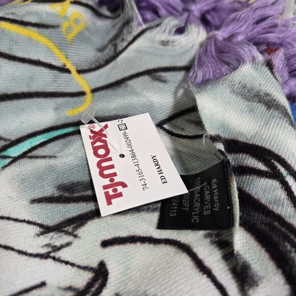 Ed Hardy Y2K Love Kills Slowly Snakes Mermaid Purple Blue Fringe Scarf Wrap NEW - Picture 7 of 7